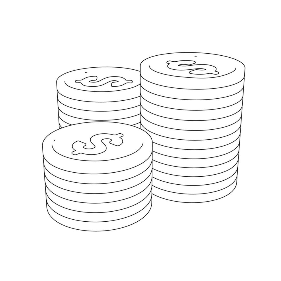 piles 3d de pièces de monnaie, illustration vectorielle de contour. vecteur