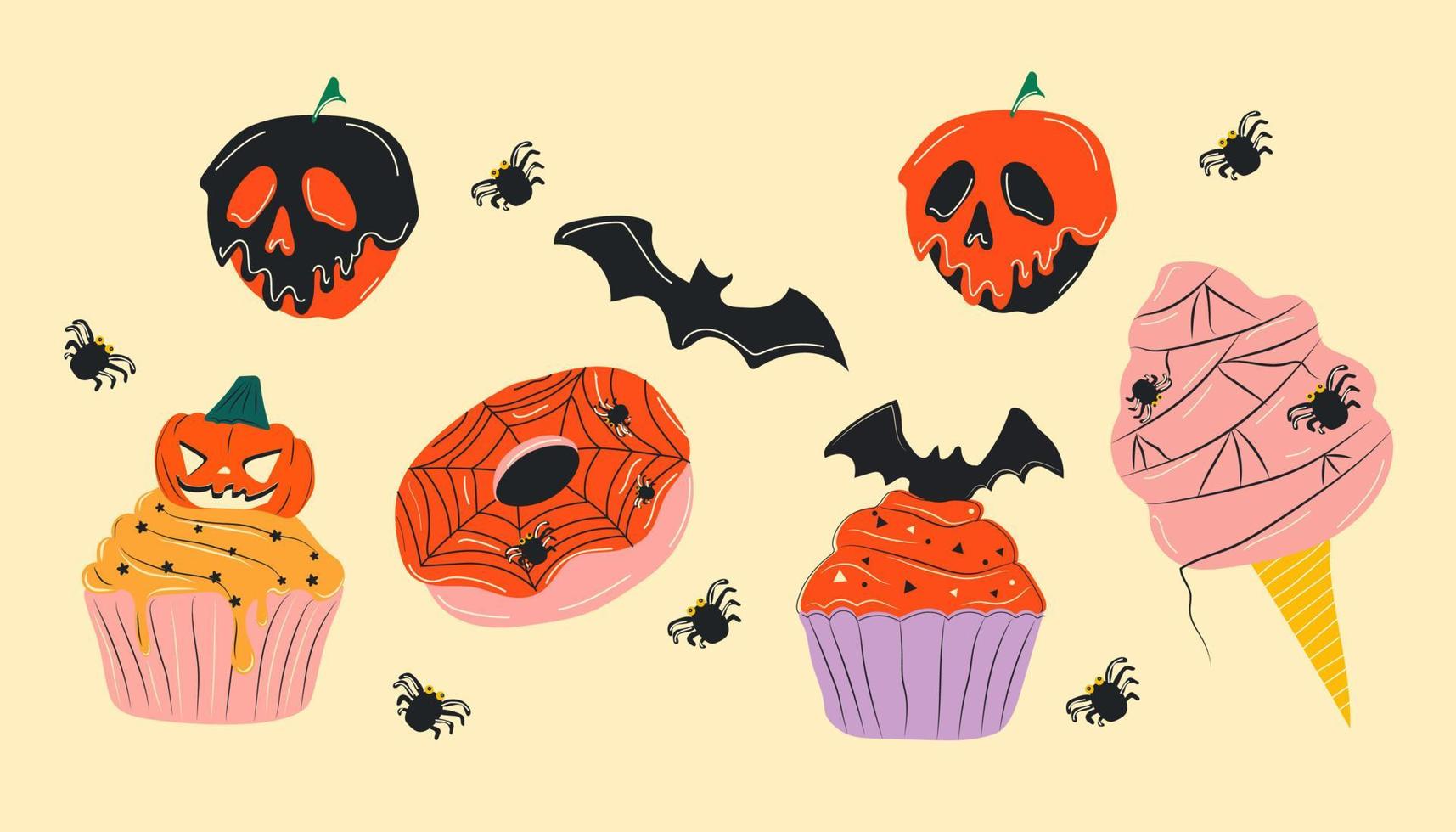 mignons petits gâteaux d'halloween, crème glacée, personnages de dessins animés de beignets, collection d'autocollants dans un style dessiné à la main. vecteur