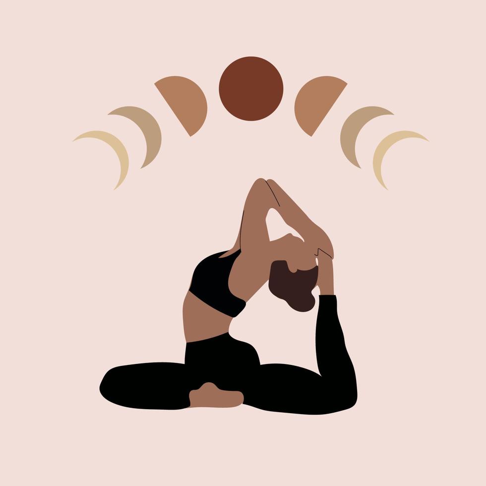 femme faisant du yoga illustration l'arrière-plan de, la lune et les étoiles. dessin, concept de tranquillité d'esprit, relaxation, santé mentale, ésotérisme et sorcellerie. tatouage bohème de vecteur