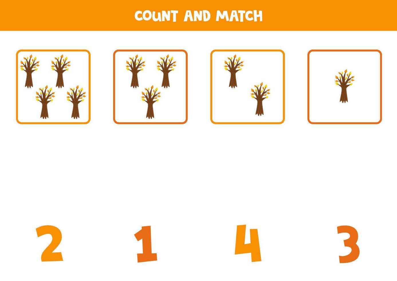 jeu de comptage pour les enfants. comptez tous les arbres d'automne et faites correspondre les chiffres. feuille de travail pour les enfants. vecteur