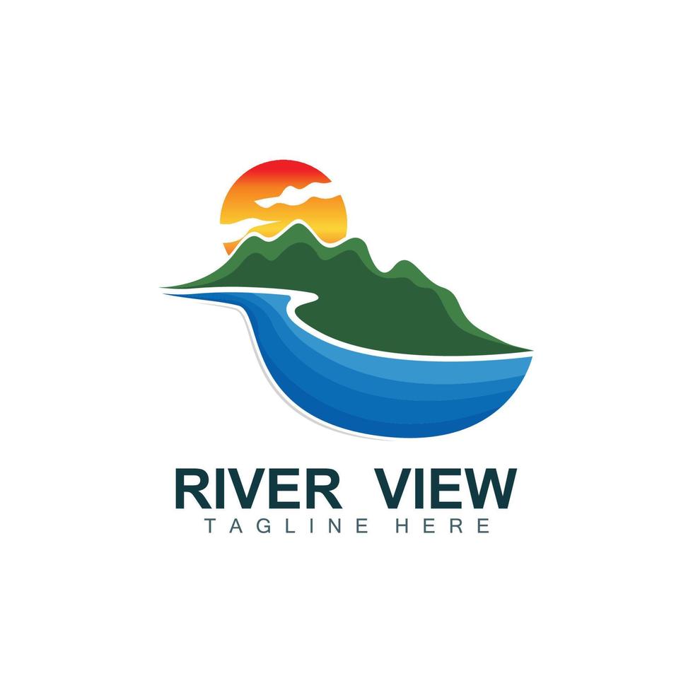 création de logo de rivière, vecteur de ruisseau de rivière, illustration au bord de la rivière avec une combinaison de montagnes et de nature, marque de produit