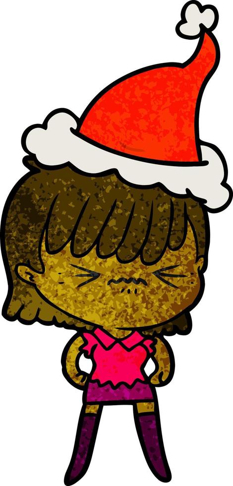 dessin animé texturé agacé d'une fille portant un bonnet de noel vecteur