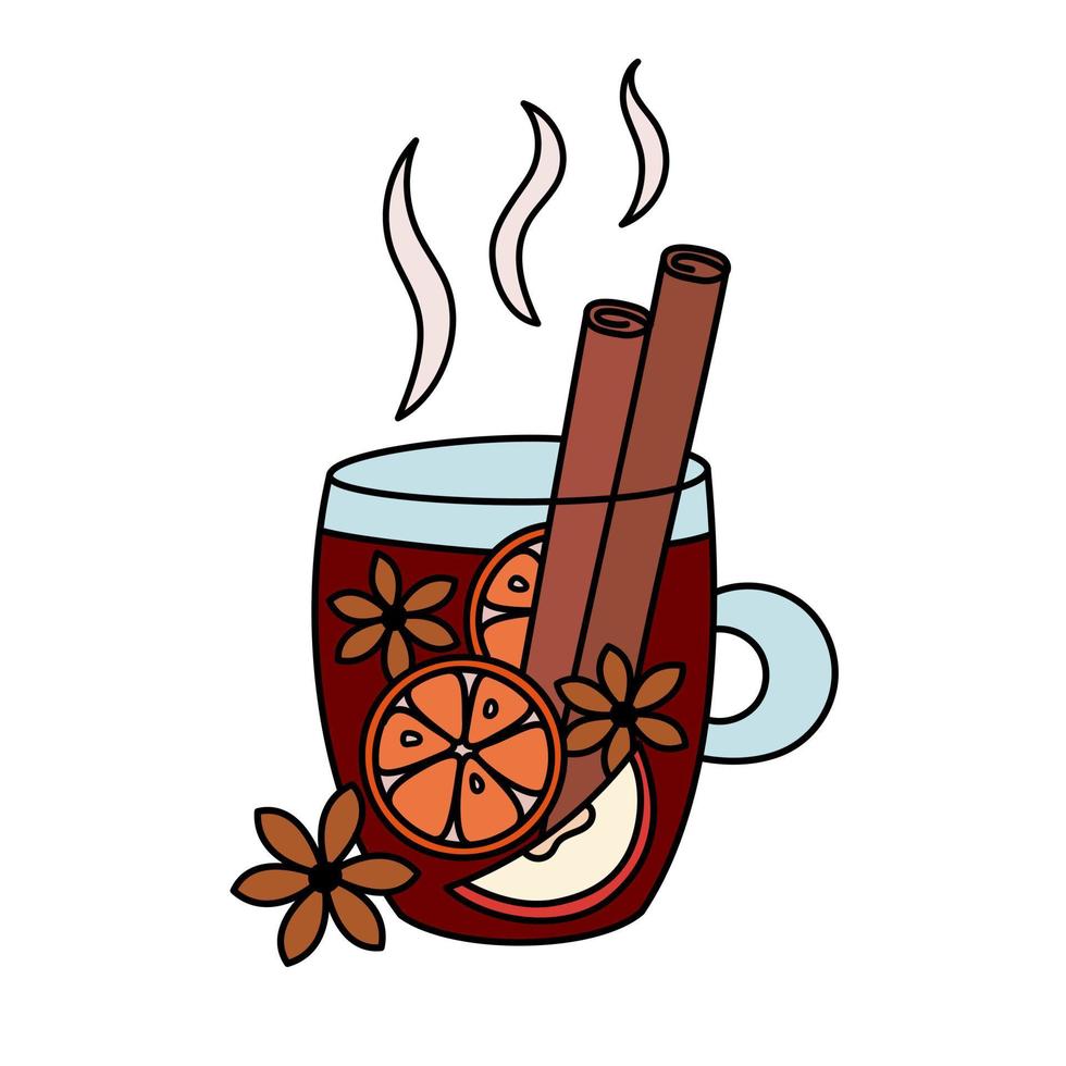 doodles de vin chaud isolés. tasse de boisson chaude d'hiver traditionnelle avec des ingrédients cannelle, anis, orange et pomme. vacances de noël et symbole de soirée confortable. illustration vectorielle dessinés à la main mignon vecteur