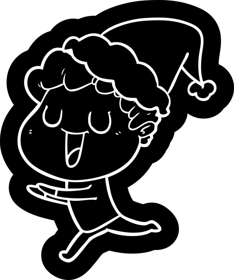 icône de dessin animé en riant d'un homme qui court portant un bonnet de noel vecteur
