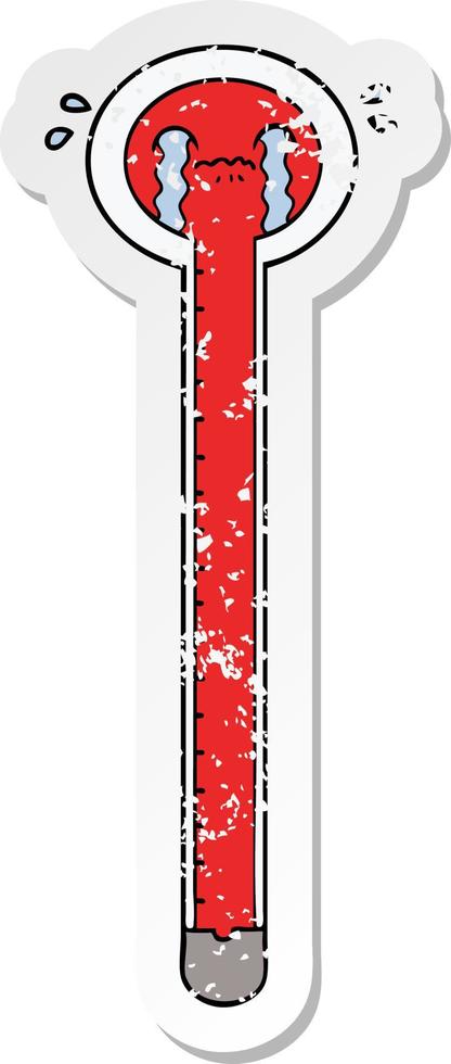 autocollant en détresse d'un thermomètre de dessin animé qui pleure vecteur