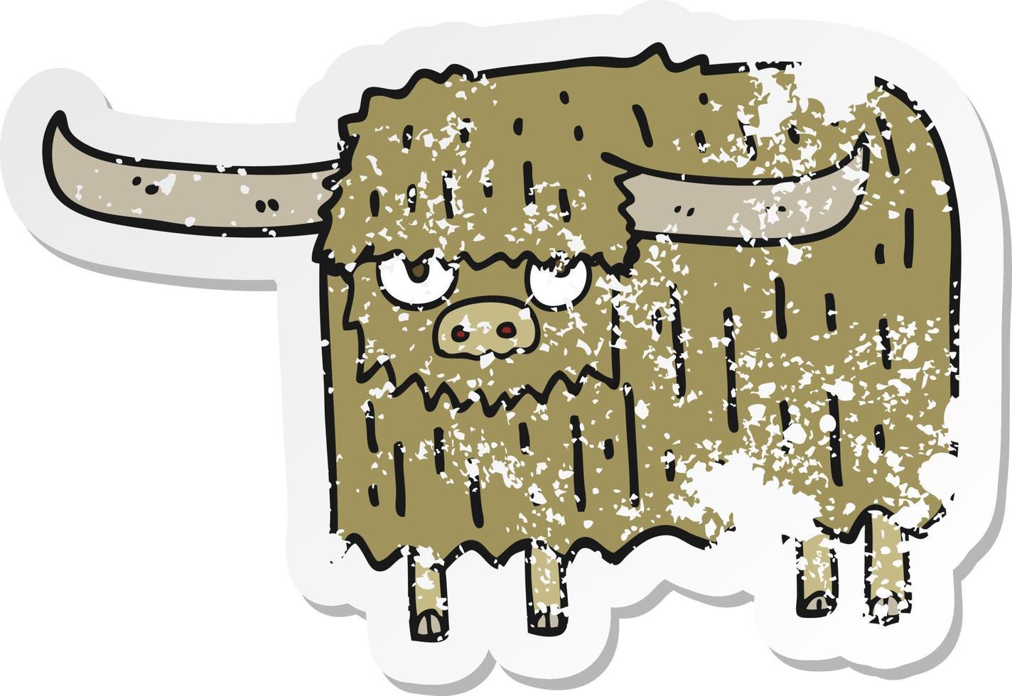autocollant en détresse d'une vache poilue de dessin animé vecteur