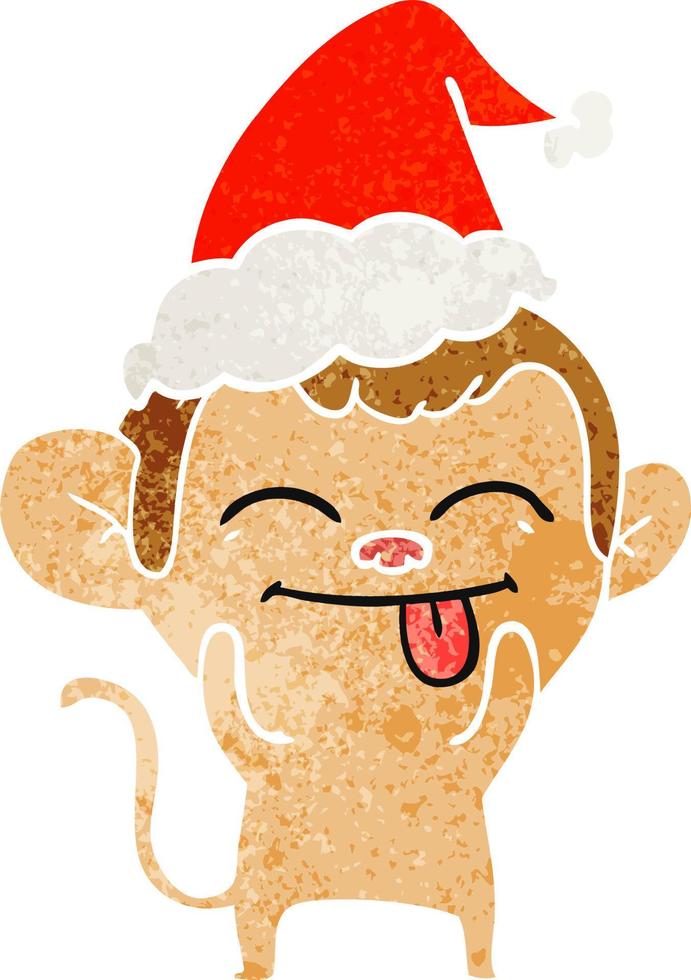 drôle de bande dessinée rétro d'un singe portant un bonnet de noel vecteur