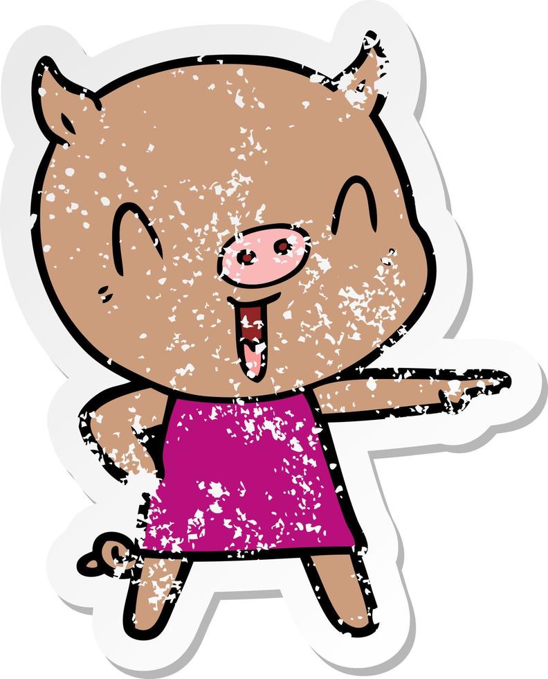 autocollant en détresse d'un cochon de dessin animé heureux en robe vecteur