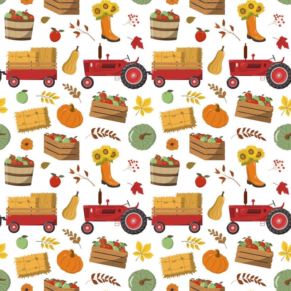dessin animé tracteur de récolte rouge d'automne et sentier avec paille de foin, citrouilles, pommes dans des boîtes et des paniers, fleurs, feuilles de forêt. récolte, conception du thème du jour de thanksgiving. isolé sur fond blanc. vecteur