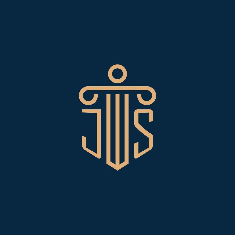 js initial pour le logo du cabinet d'avocats, logo de l'avocat avec pilier vecteur