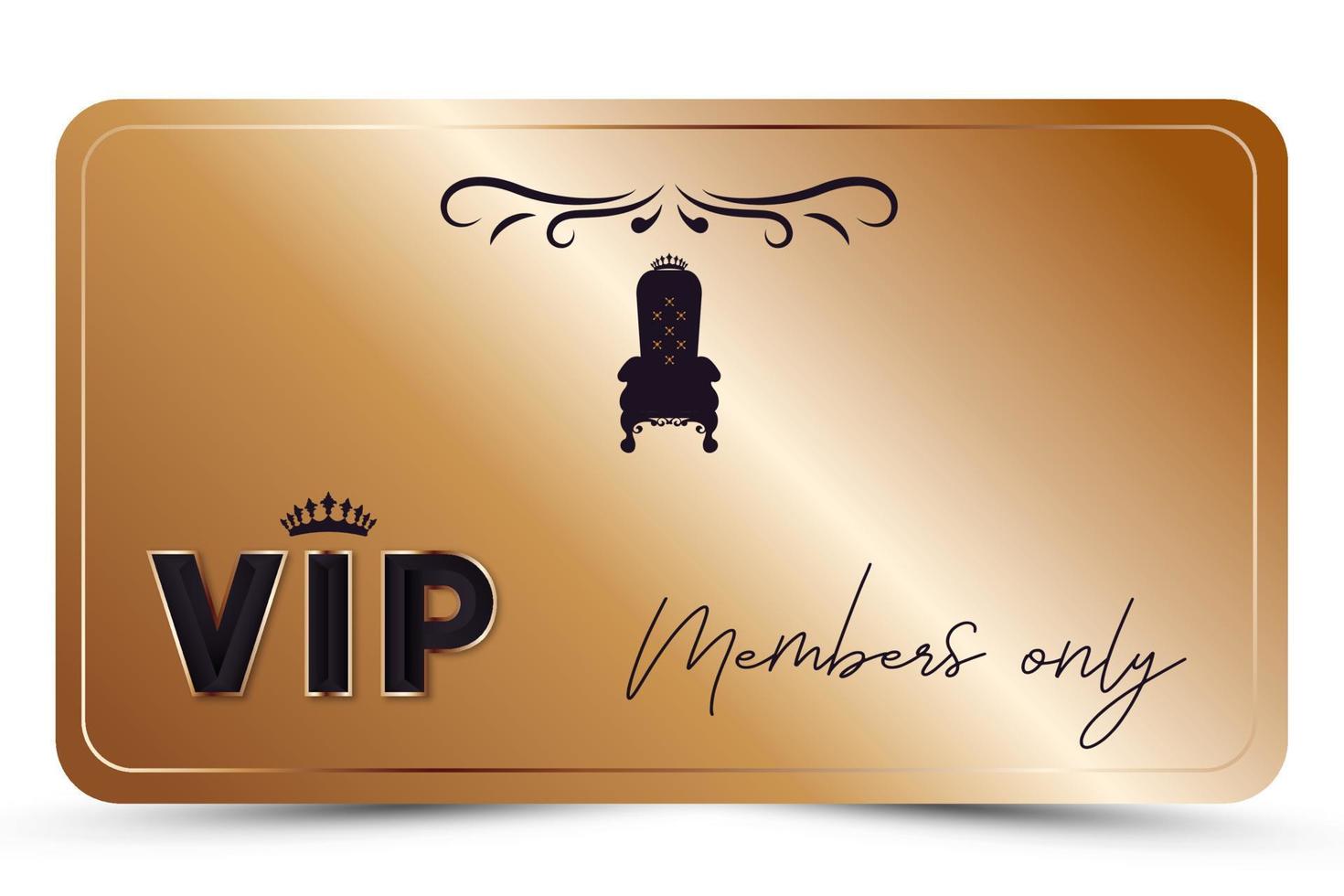 carte vip élégante en or. carte de visite moderne réservée aux membres avec texte 3d, couronne, silhouette du trône vintage. fond de luxe. illustration vectorielle pour fidélité, carte bonus, certificat-cadeau vecteur