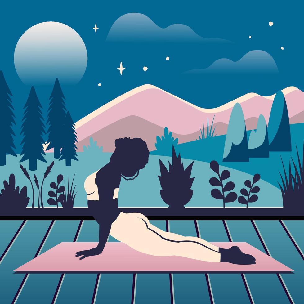 belle femme de yoga à la maison. silhouette de fille s'étend à l'intérieur sur un tapis de yoga. le personnage féminin pratique la méditation et la respiration. illustration vectorielle à gradient plat pour un mode de vie sain, sport vecteur