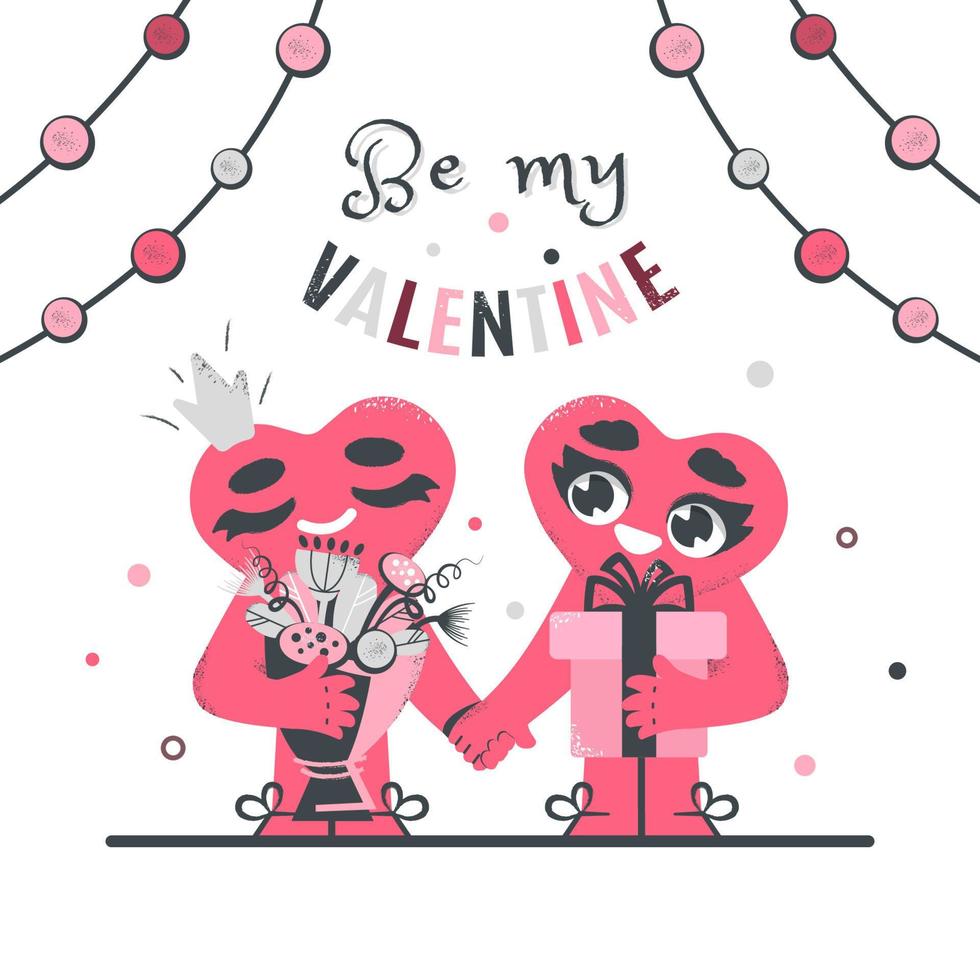 carte de Saint Valentin. deux coeurs souriants heureux main dans la main. personnages de dessins animés mignons avec cadeau, fleurs, couronne. design romantique pour cartes, invitations, voeux de mariage. illustration vectorielle. vecteur