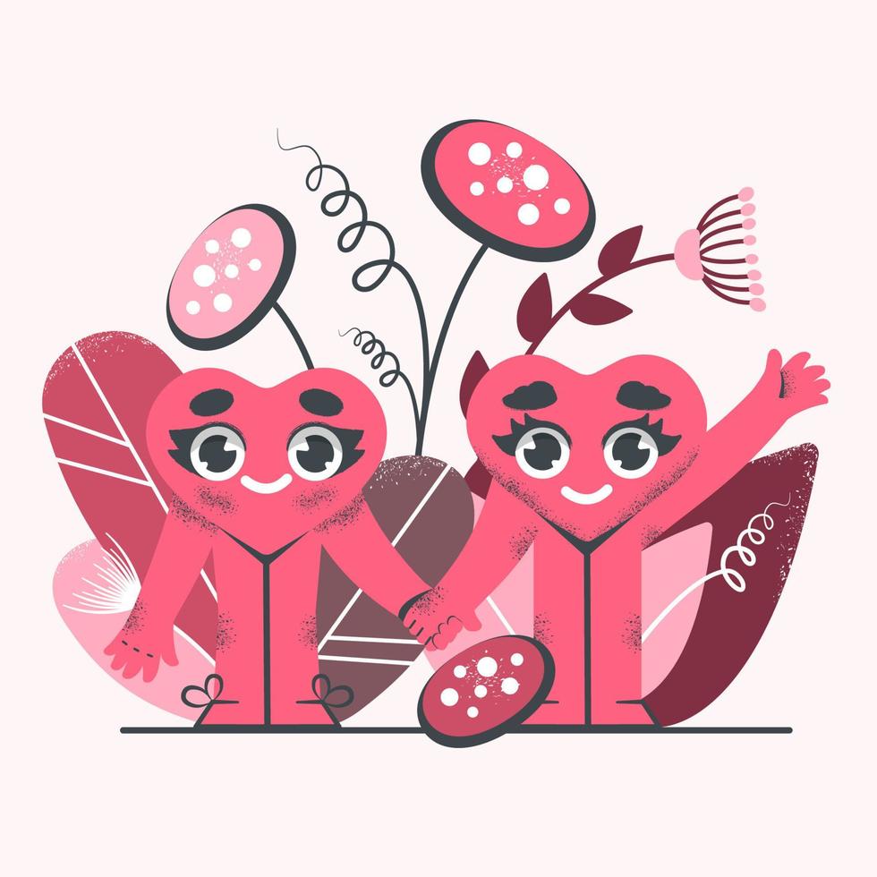 coeurs mignons main dans la main sur un fond floral. personnages souriants et amusants avec des fleurs et des plantes. couple amoureux. design romantique pour la saint valentin, les vacances, les cartes postales. illustration vectorielle de dessin animé vecteur