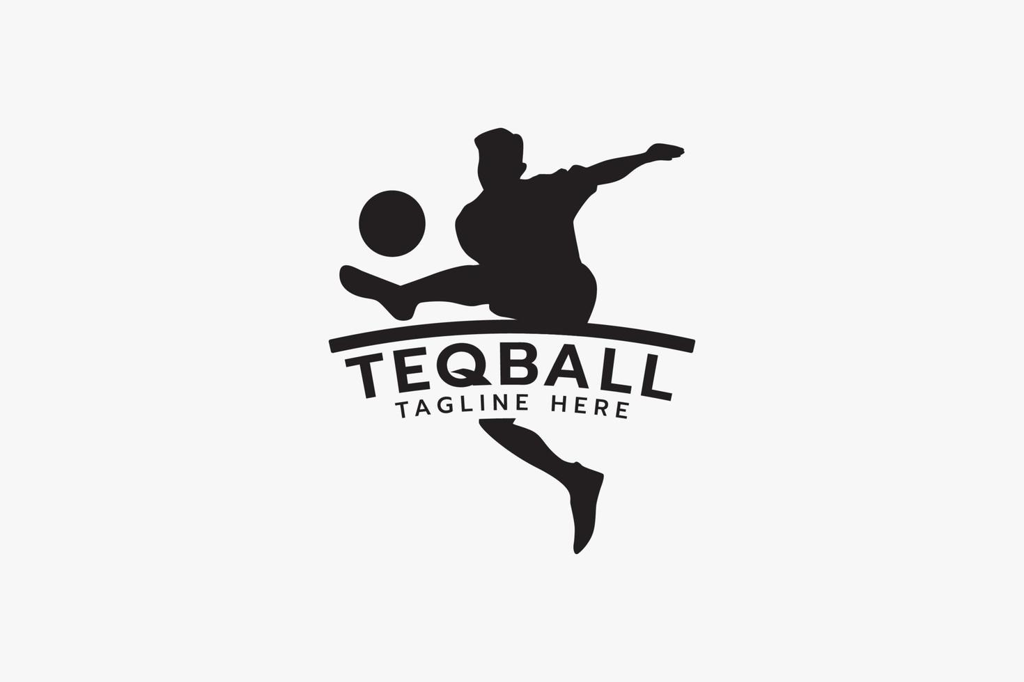 logo teqball avec silhouette de personne sautant dans le jeu de teqball. vecteur