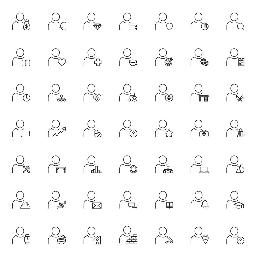 passe-temps, profession et concept d'entreprise. panneaux minimalistes pour sites Web, publicités, applications, magasins. trait modifiable. ensemble d'icônes de ligne de divers éléments à côté d'une personne sans visage vecteur