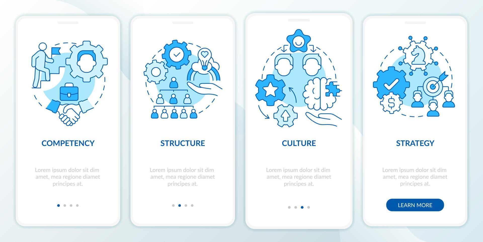 écran d'application mobile d'intégration bleue des backbones de gestion de l'innovation. pas à pas en 4 étapes pages d'instructions graphiques avec des concepts linéaires. ui, ux, modèle d'interface graphique. vecteur