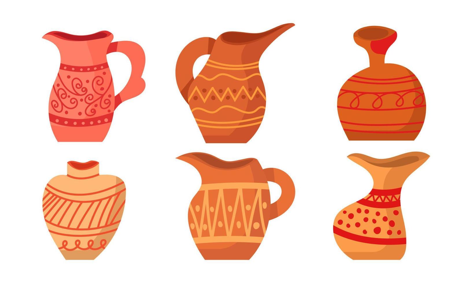 ensemble de poterie en argile rustique et pot ou cruche marron avec des décorations de motifs. collection d'anciens ustensiles faits à la main et d'objets grecs en céramique. forme de cruche et icônes en faïence vintage illustration vectorielle vecteur