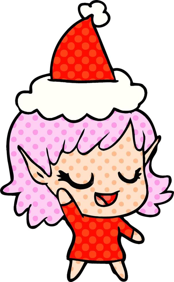 heureux, style bande dessinée, illustration, de, a, elfe, girl, porter, santa chapeau vecteur