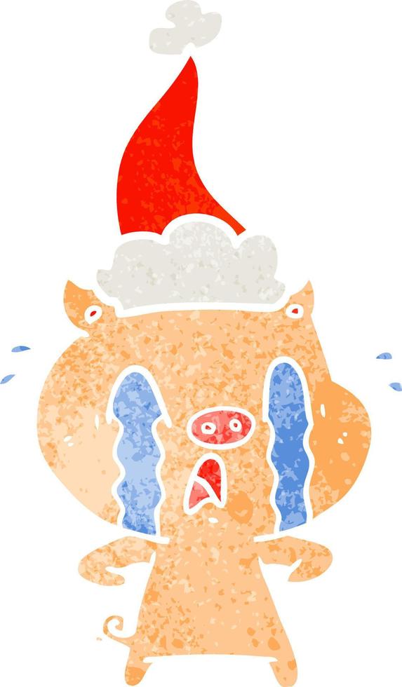 dessin animé rétro de cochon qui pleure d'un bonnet de noel vecteur