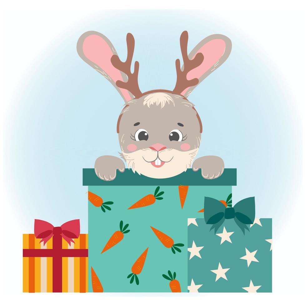 un mignon lapin du nouvel an se cache dans une boîte cadeau sous le sapin de noël. illustration vectorielle, carte de voeux vecteur