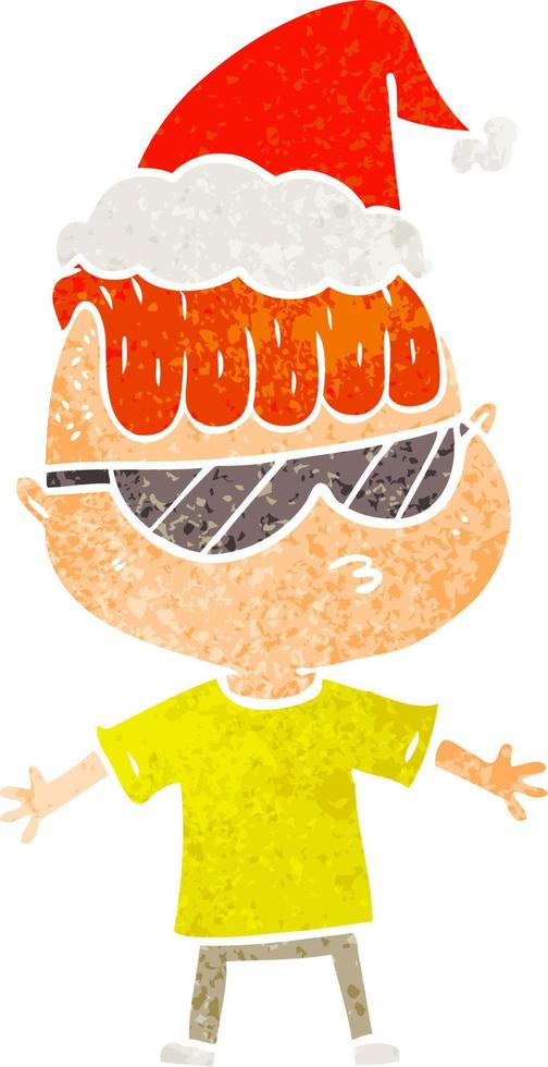 dessin animé rétro d'un garçon portant des lunettes de soleil portant un bonnet de noel vecteur