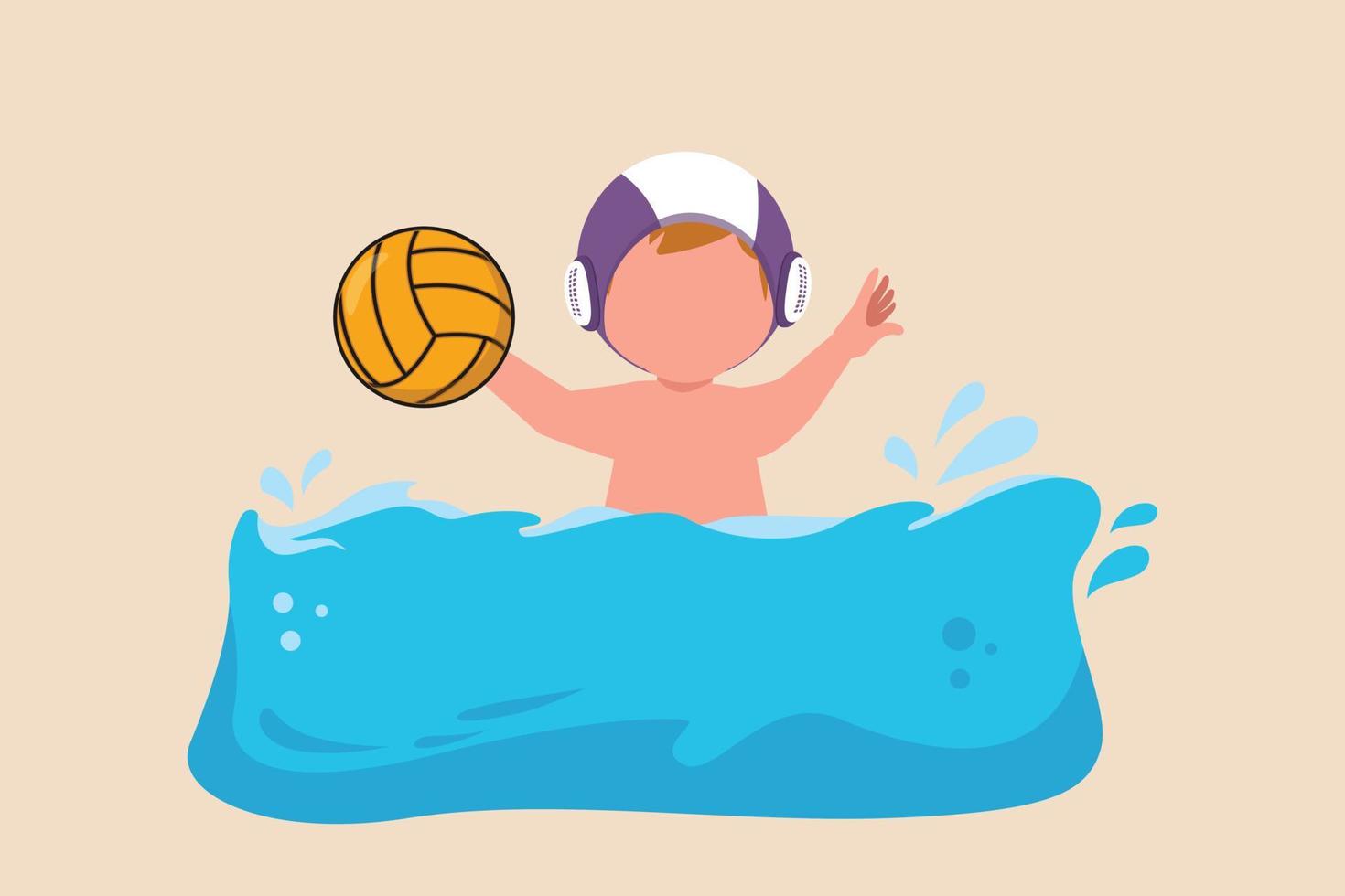 un petit garçon heureux tient un ballon de water-polo dans une piscine quand il joue. notion de water-polo. illustration vectorielle. vecteur