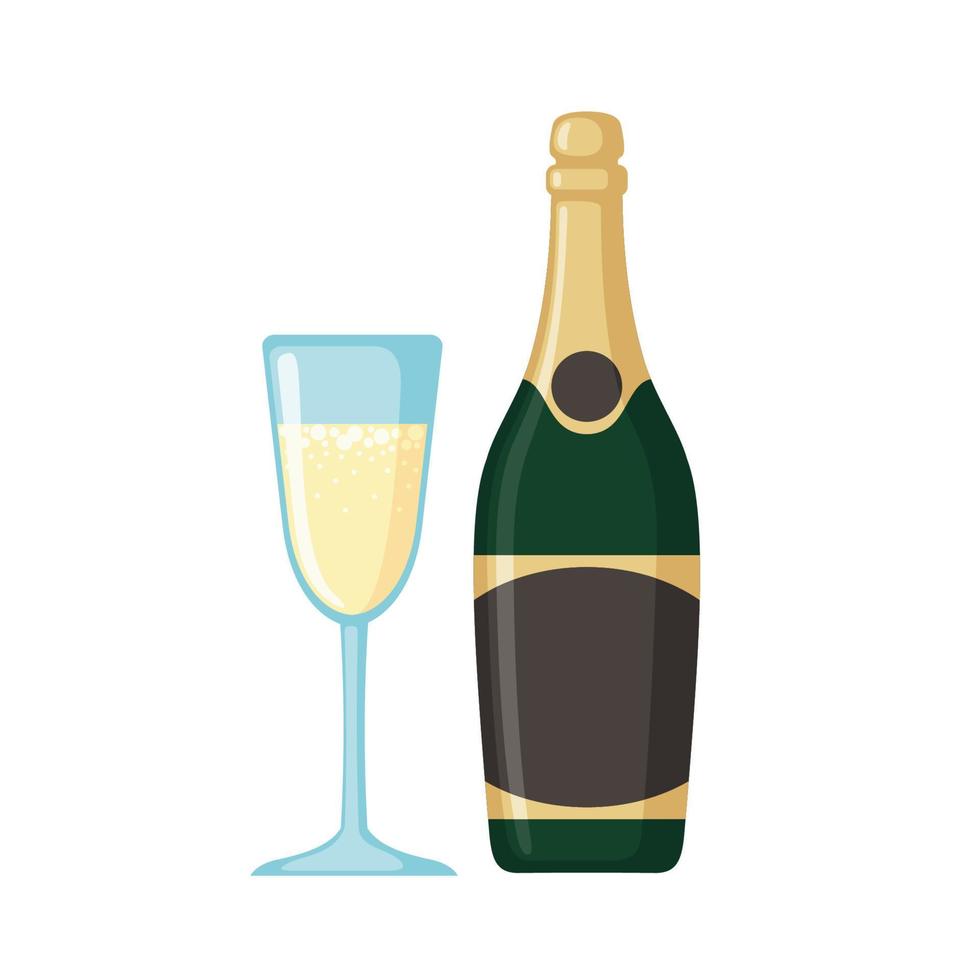 bouteille de champagne avec icône en verre dans un style plat isolé sur fond blanc. illustration vectorielle. vecteur