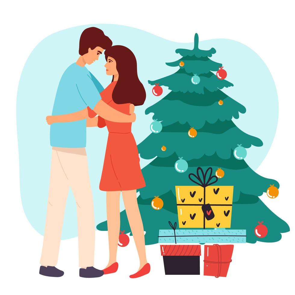 heureux couple amoureux câlin célébrer les vacances de noël ensemble. un homme et une femme souriants s'amusent à s'embrasser et à profiter de la fête ou de la célébration du nouvel an. divertissement d'illustration vectorielle plane, vacances d'hiver vecteur