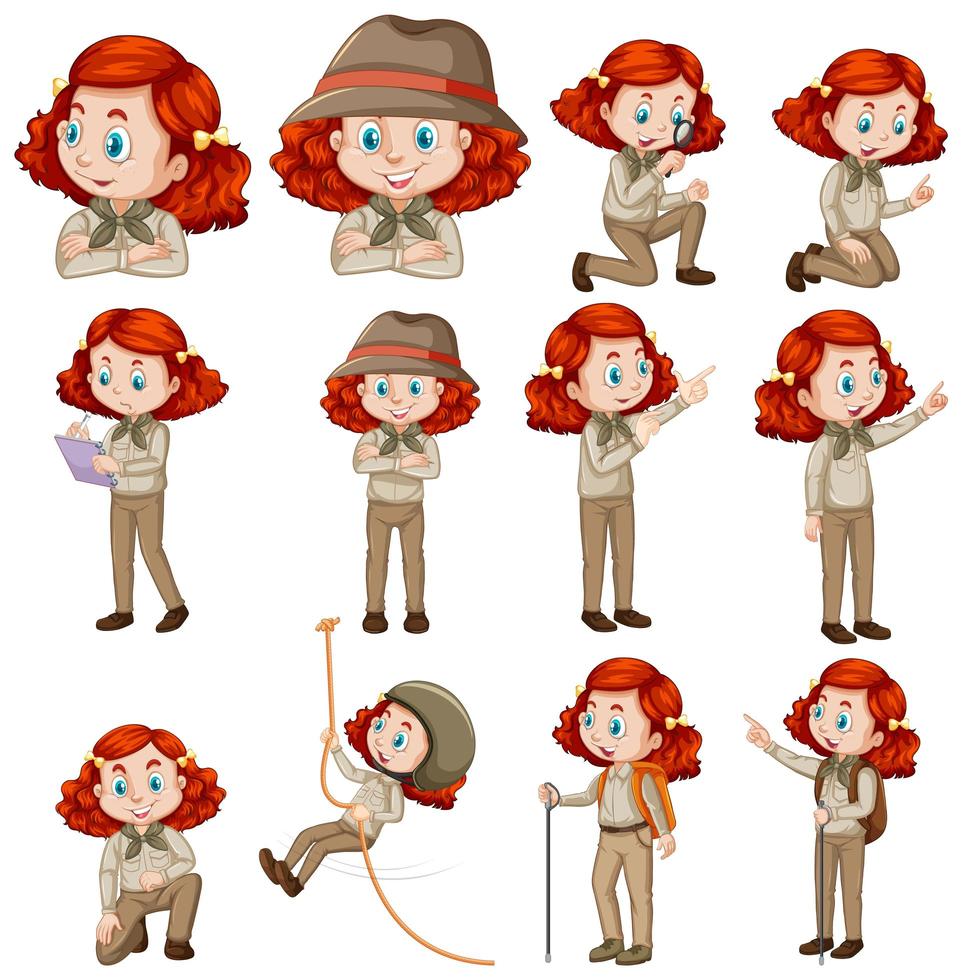 ensemble de fille cheveux roux en tenue de safari vecteur