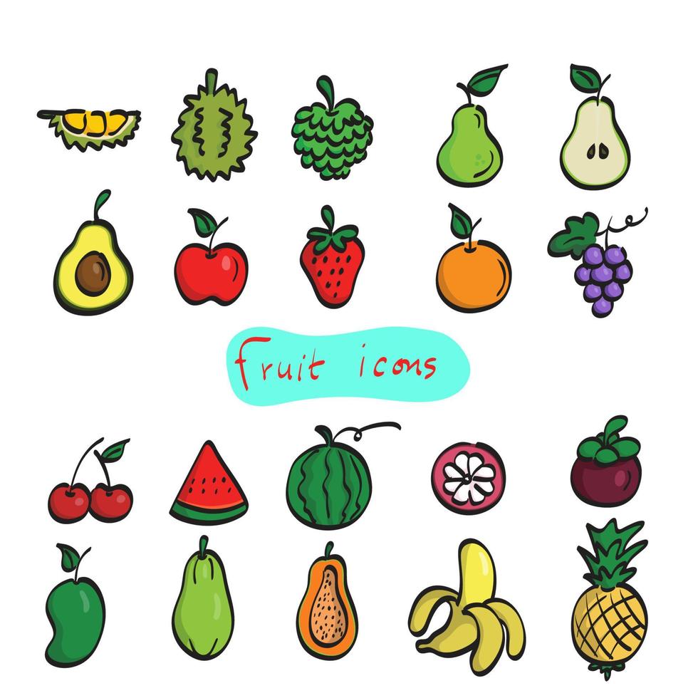 coloré, fruit, icône, ensemble, illustration, vecteur, dessiné, à, noir, ligne, isolé, blanc, fond vecteur