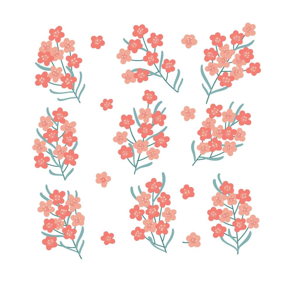fleurs roses sur les branches avec ensemble de feuilles. éléments floraux abstraits, brins pour la décoration. ensemble botanique décoratif moderne. illustration de vecteur plat dessiné à la main isolé sur fond blanc