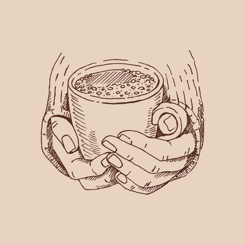 dessin réaliste de belles mains tenant une tasse avec une boisson chaude. illustration vectorielle isolée. vecteur