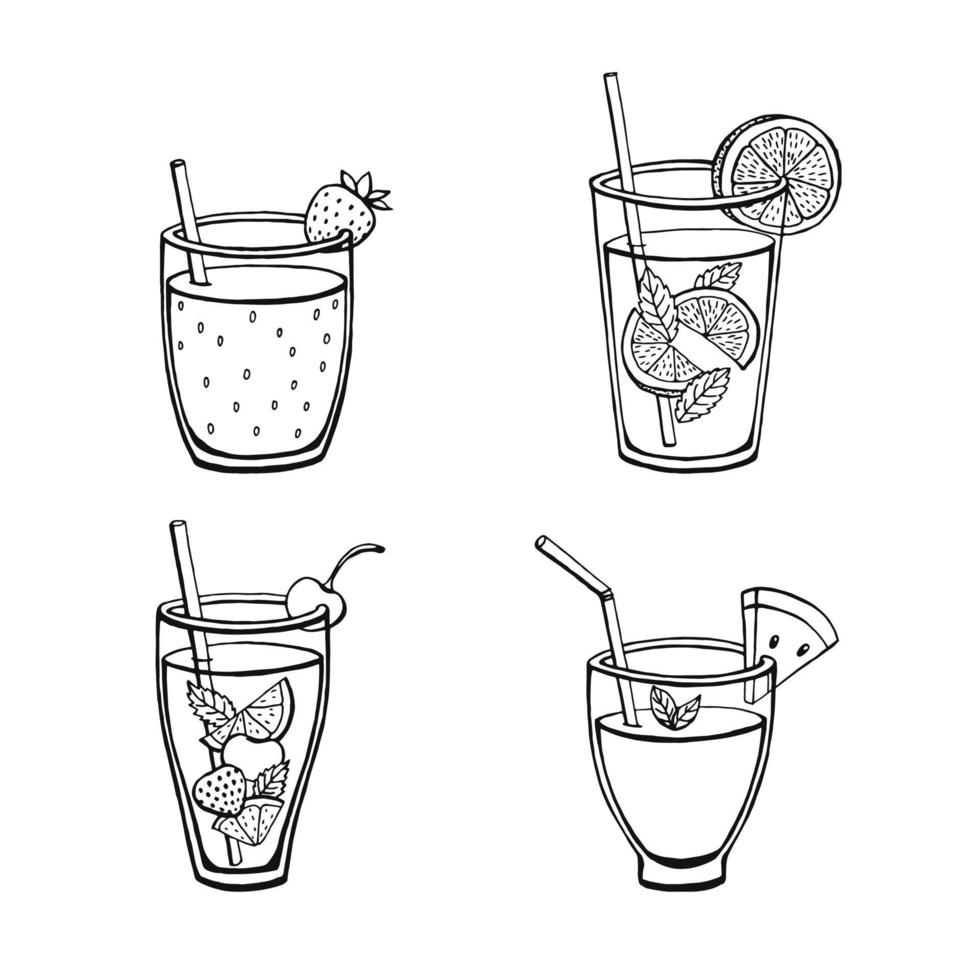 définir des boissons d'été non alcoolisées isolées sur fond blanc. images vectorielles de menu dans le style de croquis. vecteur