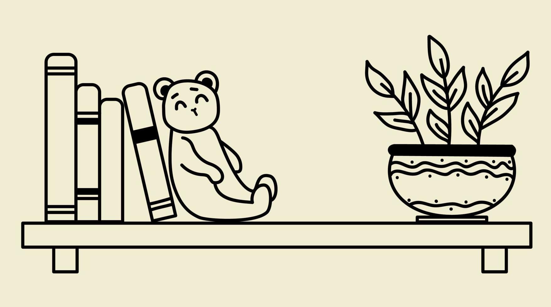 maison confortable. bibliothèque, livres, jouet mignon - ours en peluche et pot de fleurs. illustration vectorielle, contour. ligne noire vecteur