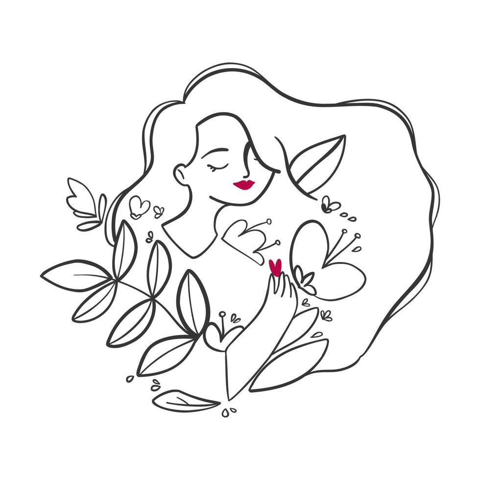 illustration dans un style linéaire minimaliste avec un beau portrait féminin en fleurs. pour coiffeurs, instituts de beauté, cosmétiques bio, spa, imprimerie, bijouterie. vecteur