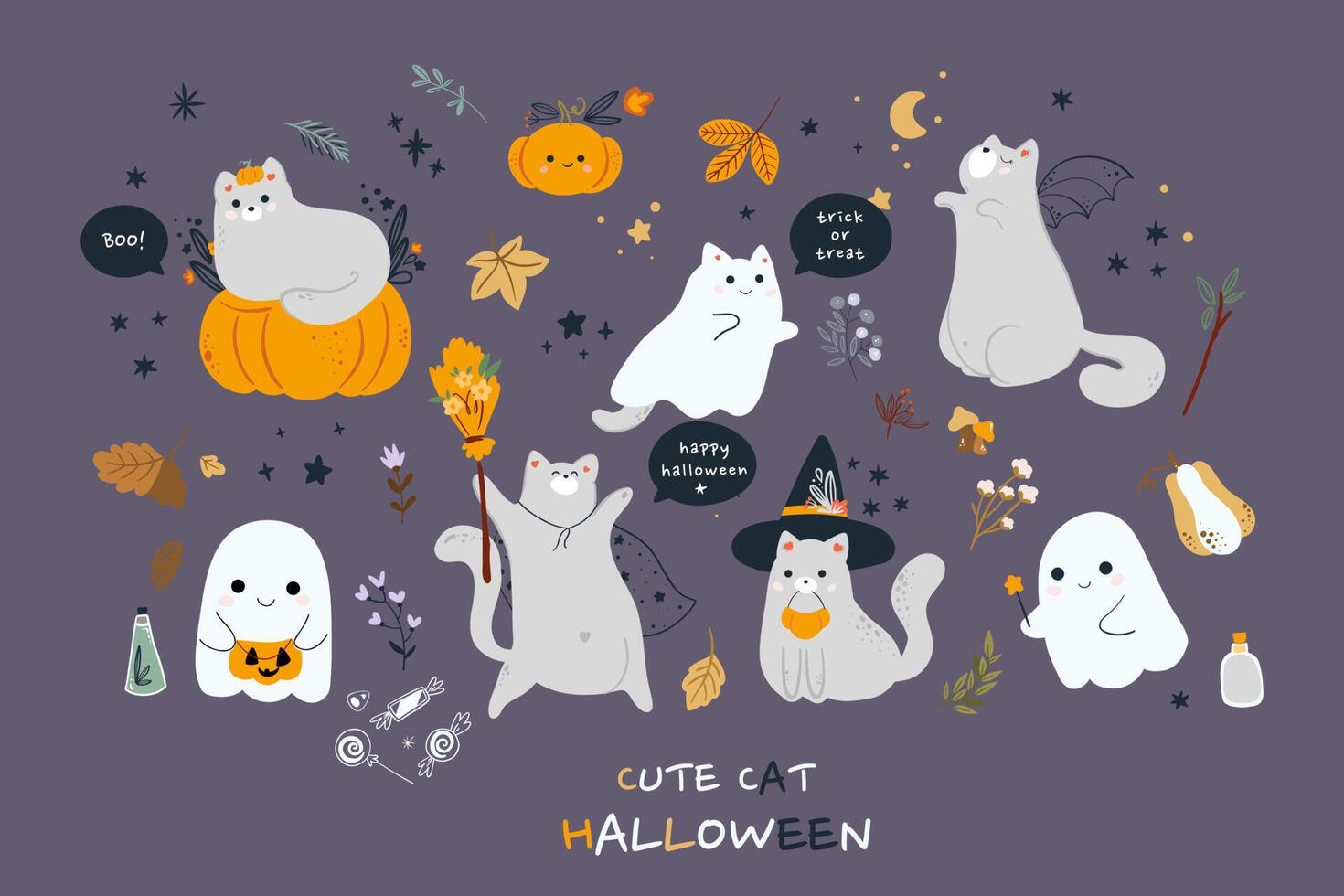 chats mignons dans un ensemble de costumes d'halloween effrayants. animaux félins drôles et effrayants en chapeaux pour les vacances d'automne des morts. monstres effrayants de chatons. illustration de vecteur plat coloré isolé sur fond blanc