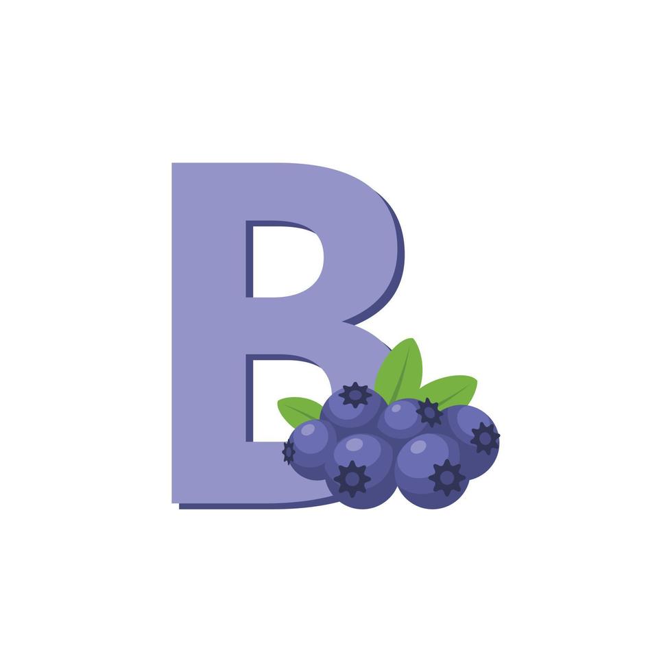 lettre b alphabet fruits myrtille, vecteur de clip art, illustration isolé sur fond blanc