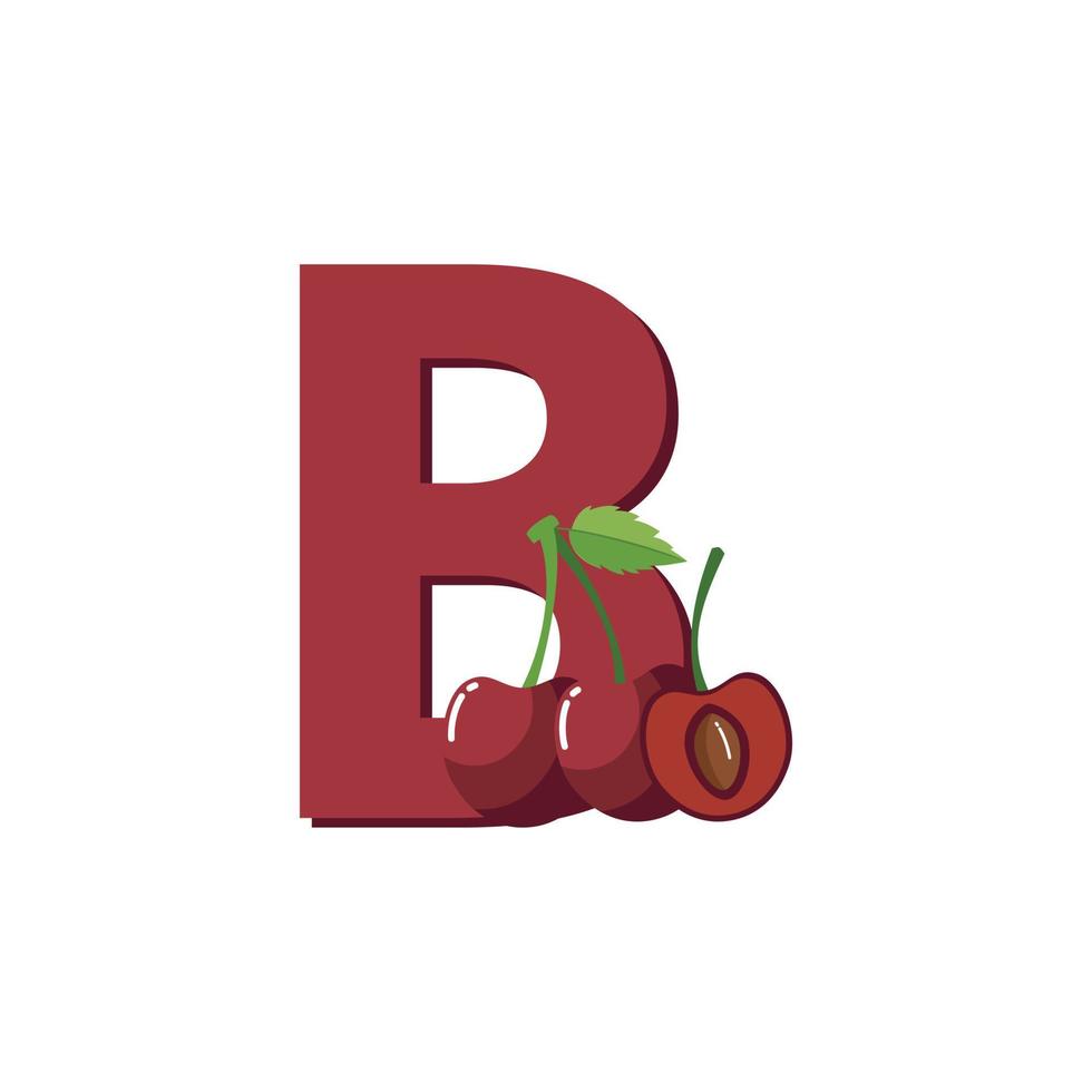 lettre b alphabet fruits bing cerise, vecteur de clip art, illustration isolé sur fond blanc