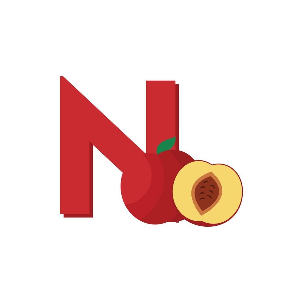 lettre n alphabet fruits nectarine, vecteur de clip art, illustration isolé sur fond blanc