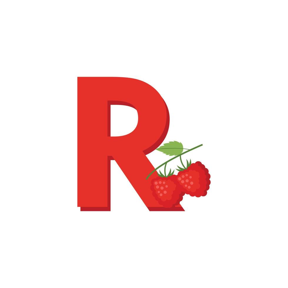 lettre r alphabet fruits framboise, vecteur de clip art, illustration isolé sur fond blanc