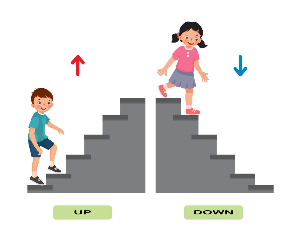 adjectif opposé mots antonymes illustration des enfants monter et descendre explication de l'escalier flashcard avec étiquette de texte vecteur