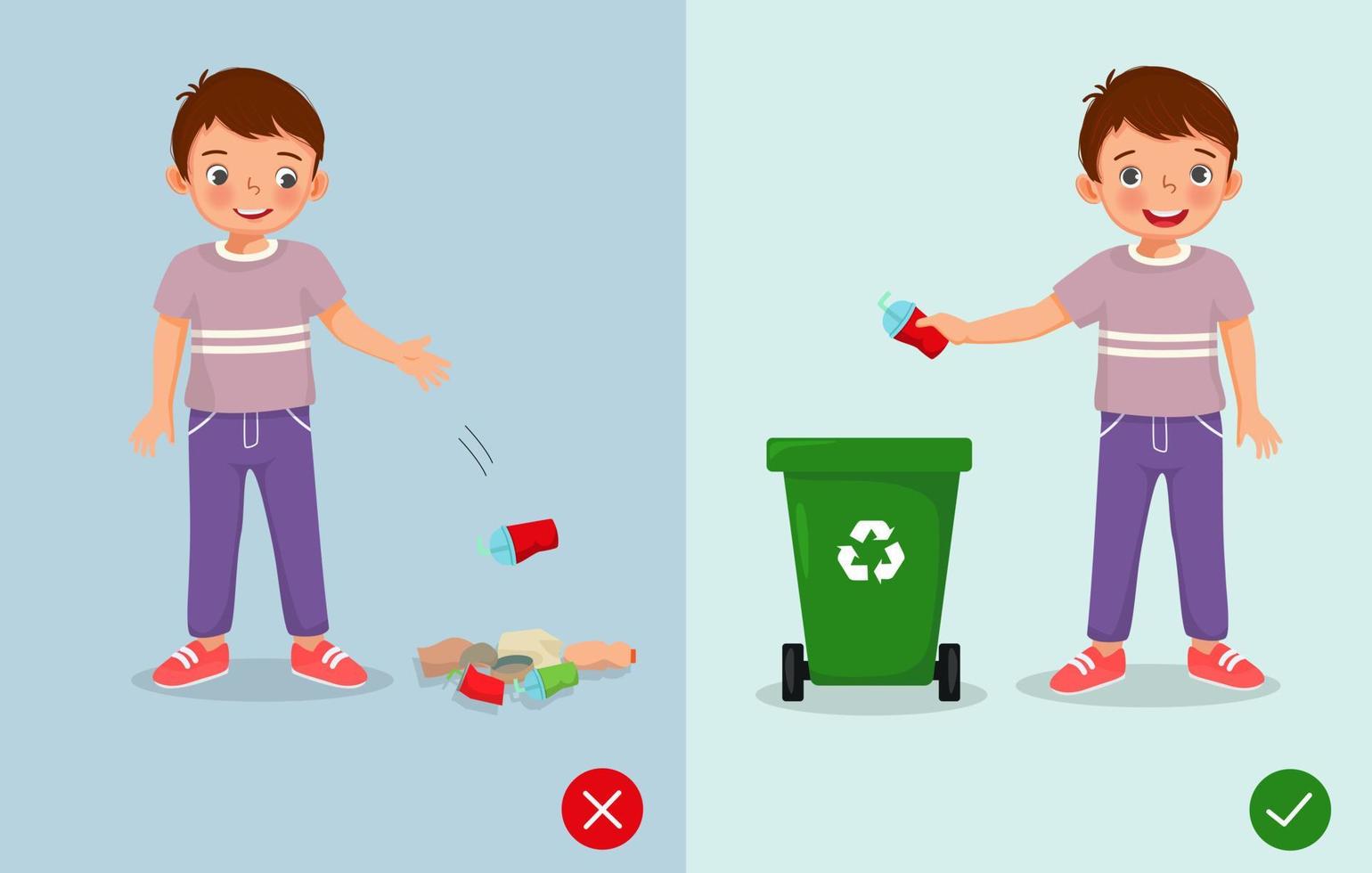 ne pas jeter d'illustration garçon bon et mauvais comportement jeter des ordures dans la poubelle et sur le sol vecteur