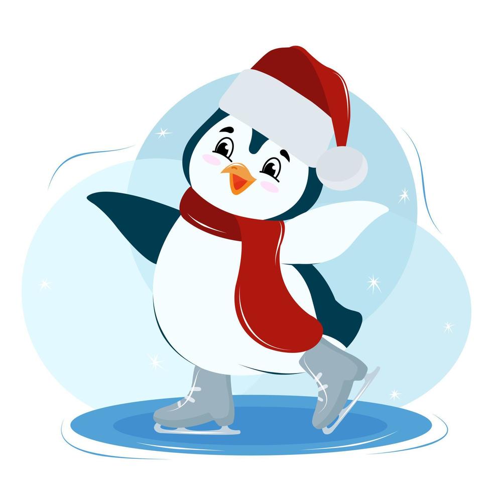 pingouin dans un bonnet et une écharpe patinage, divertissements d'hiver, froid vecteur