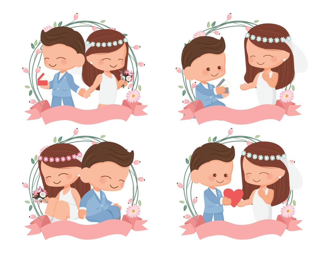 joli couple de mariage dans un style plat de couronne de fleurs pour la saint-valentin ou la collection de cartes de mariage illustration de vecteurs eps10 vecteur