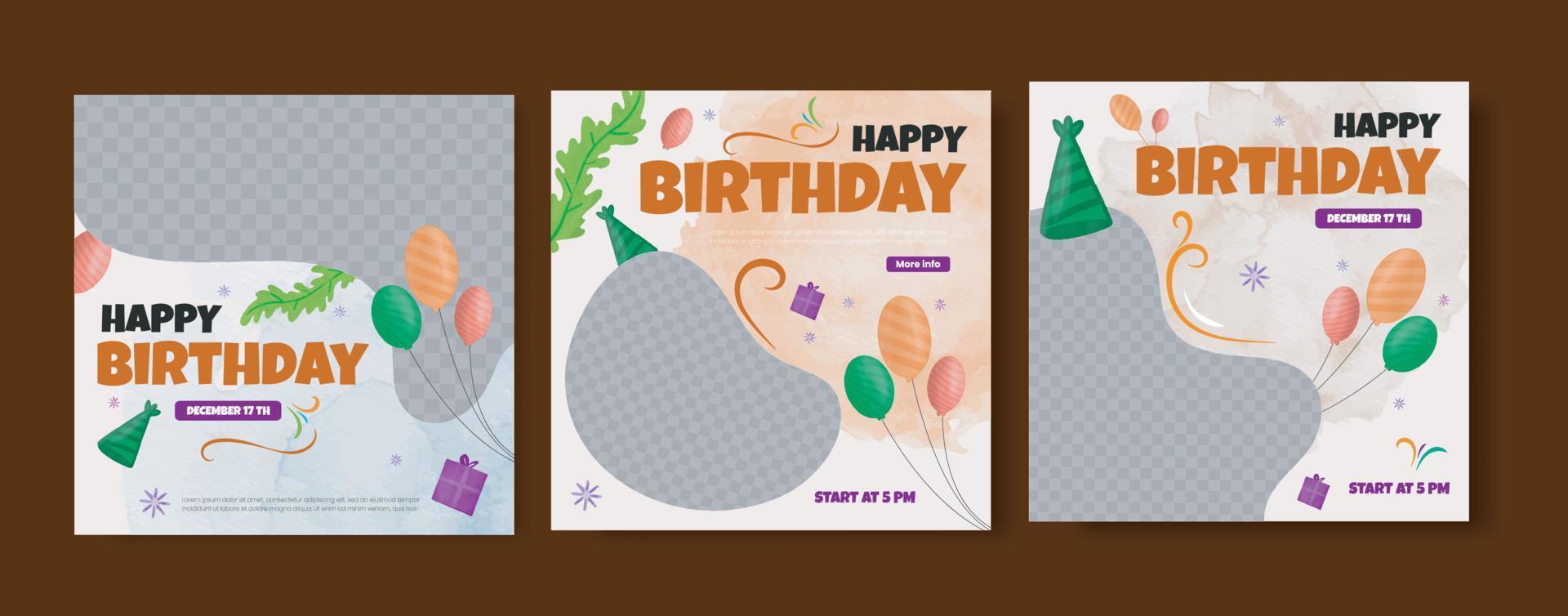 joli message de médias sociaux joyeux anniversaire avec aquarelle de ballons vecteur
