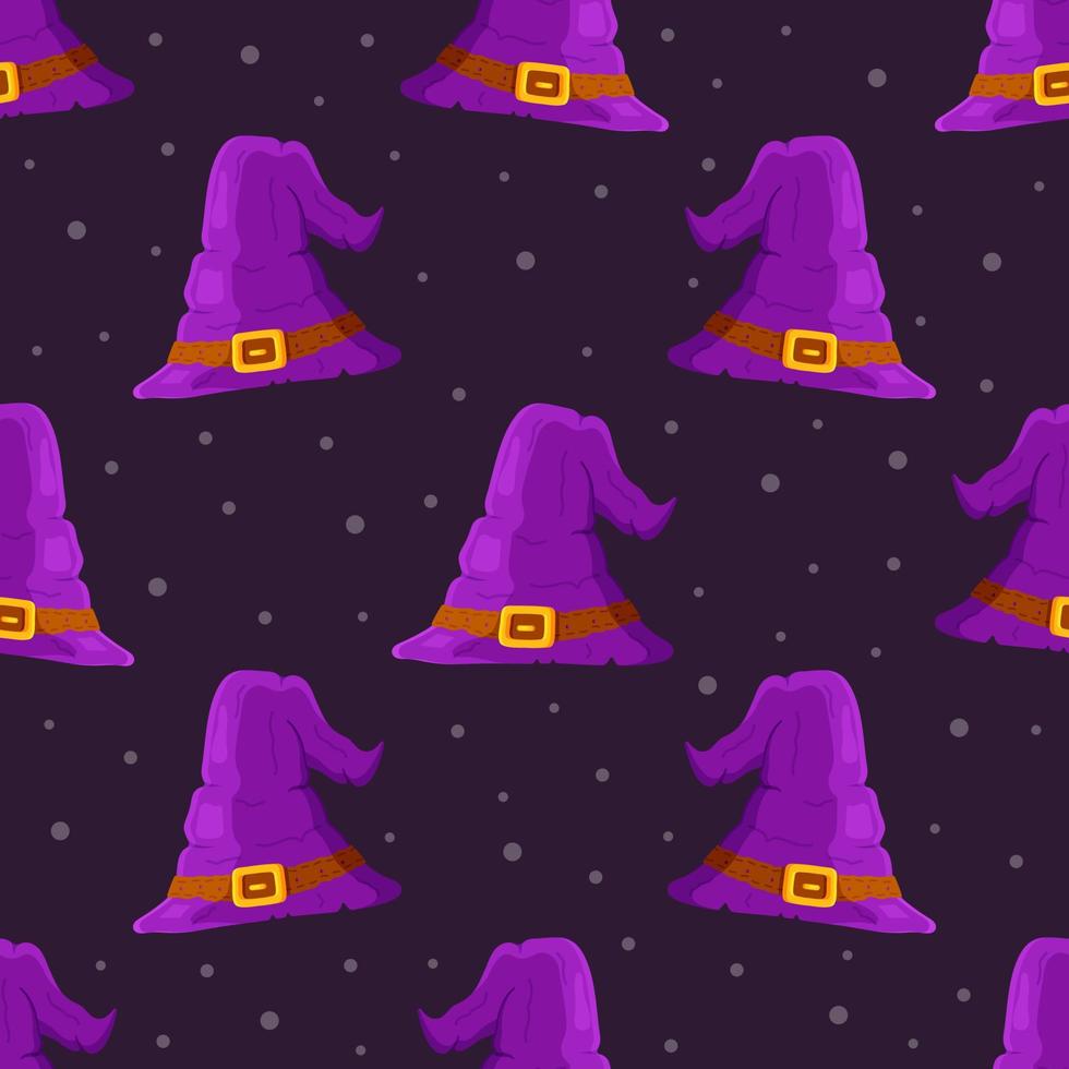 illustration vectorielle d'un motif de chapeaux de sorcière violets sur fond d'étoiles. vecteur