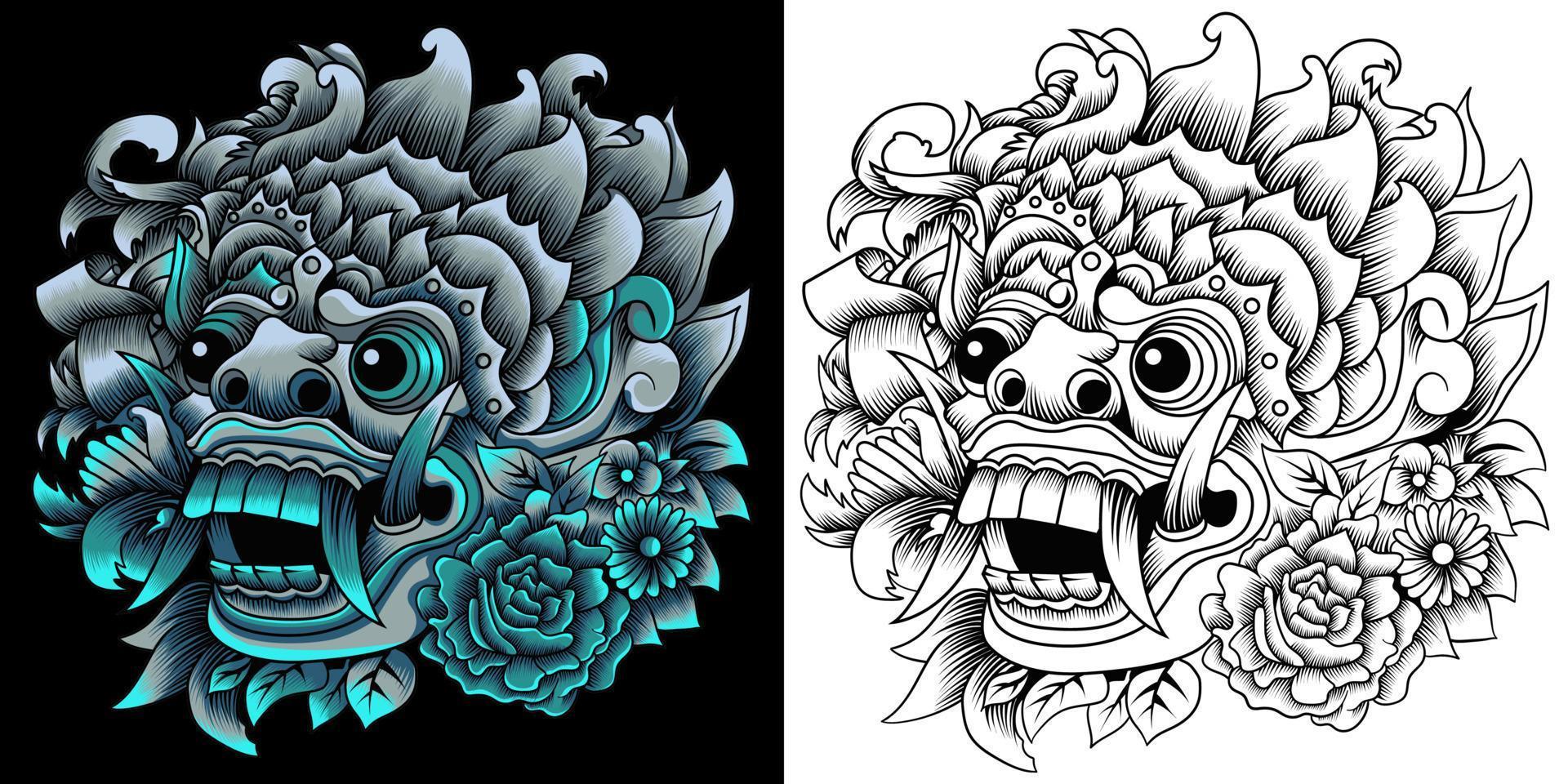 illustration vectorielle de masque balinais barong dans un style de couleur néon vecteur