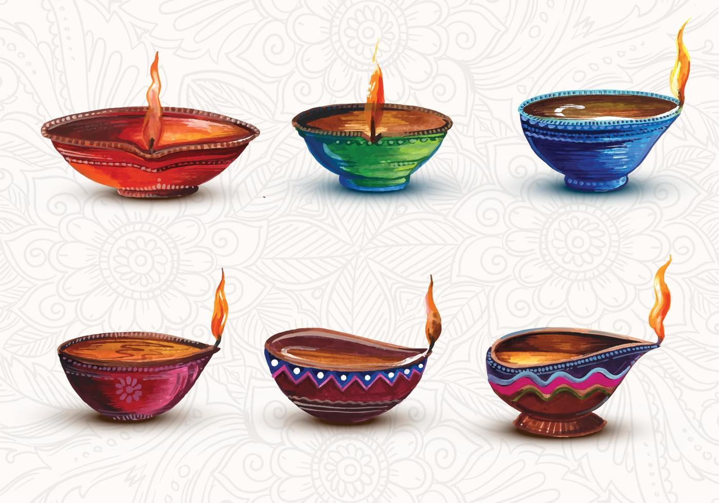 aquarelle d'une collection colorée de décors de diya décorés de diwali vecteur