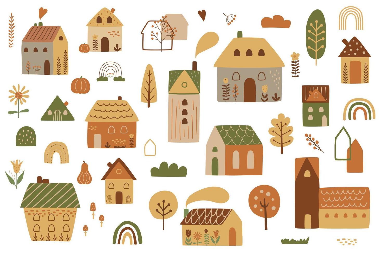 ville d'automne. ville d'automne. joli kit de maison d'automne. cottage abrite des éléments graphiques isolés. maisons enfantines. village de dessin animé en automne. illustration vectorielle. arbre de jeu de paysage de ville, citrouille arc-en-ciel. vecteur